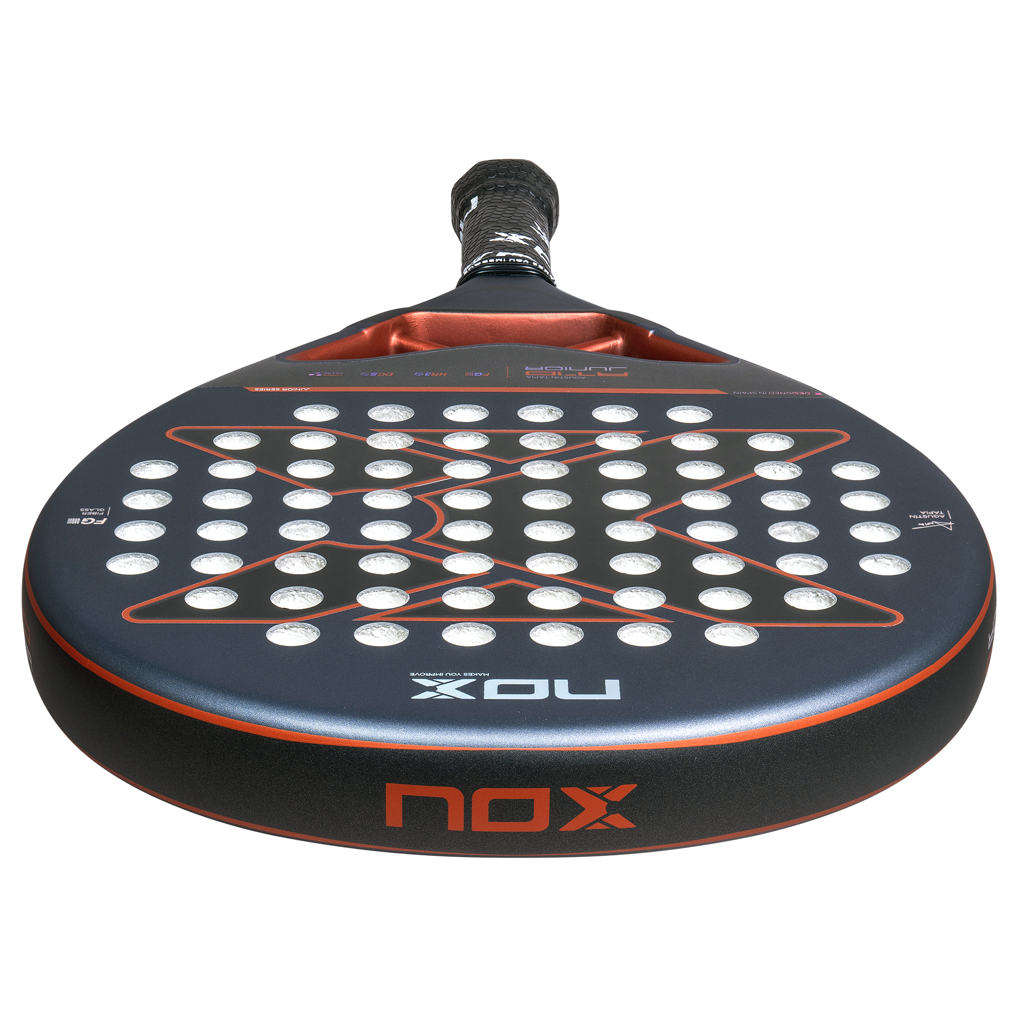 AT10 Genius JR padelio raketė iš viršaus – apvali forma su NOX logotipu ir vaikams pritaikytu balansu